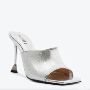 138$ Schutz Nattie Metallic Leather Stiletto Sandals Square Toe Size 8 US Silver